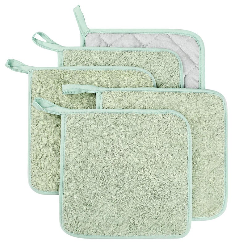 lifaith 100% Cotton Kitchen Everyday Basic Terry Pot Holder Heat Resistant Coaster Potholder for Cooking and Baking Set of 5 Mint Green - Image 1